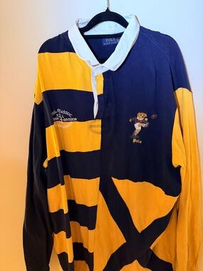 Ralph Lauren Navy & Yellow Striped Rugby Shirt with Bear Embroidery hard to find
